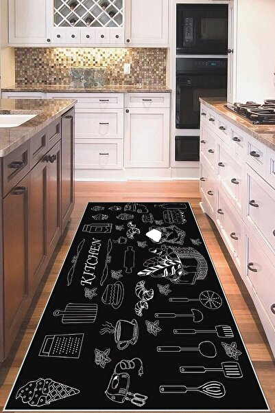 MENTEŞ HOME MENTEŞ Siyah Mutfak İkonları Desenli Yıkanabilir Kaymaz Taban Lek...