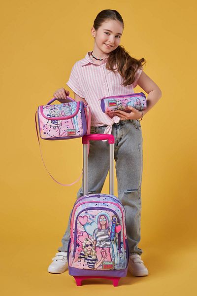Coral High Set de genți din 3 piese cu model pentru fete de modă roz violet - SET cu trei compartimente cu racletă 0123955