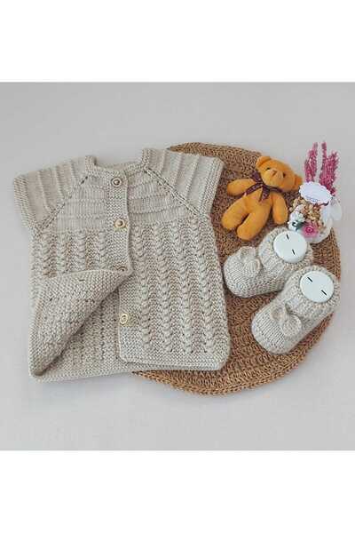 BEGİN Baby Booties Vest Organic Cotton Hand Knitted Beige Double Set