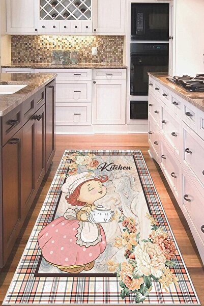 MENTEŞ HOME Bej Kitchen Kız Figürlü Yıkanabilir Kaymaz Taban Leke Tutmaz Mode...
