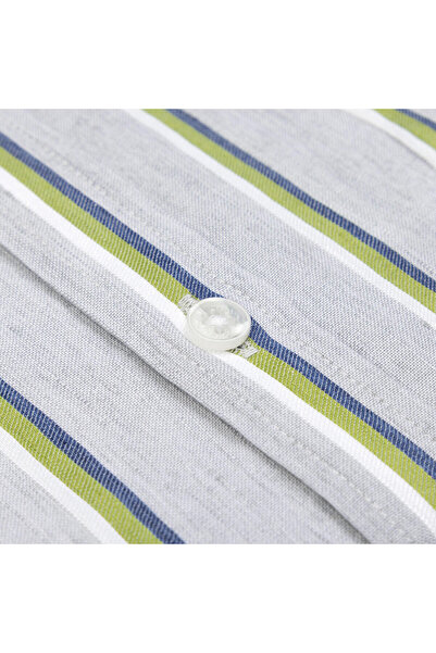 Germirli Soft Yaka Çift Kapak Cepli Tailor Fit Gri Yeşil Laci Çizgili Pamuk Keten Gömlek