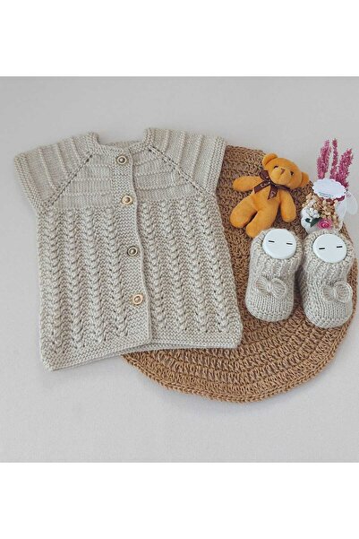 BEGİN Baby Booties Vest Organic Cotton Hand Knitted Beige Double Set