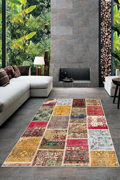 MENTEŞ HOME Patchwork Çiçek Desenli Yıkanabilir Kaymaz Taban Leke Tutmaz Modern Salon Halı Yolluk