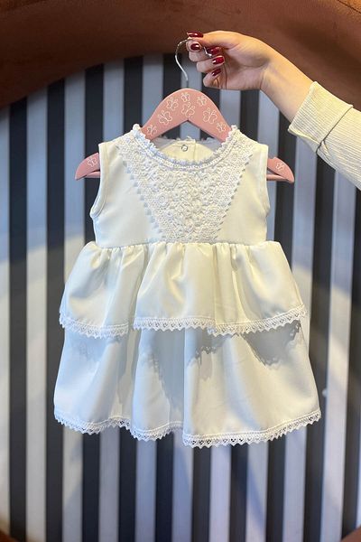 Bertuğ Rochie creponată din dantelă pentru fetiță - Fusta etajată, Mevlüt Off White
