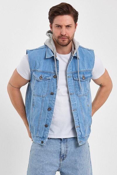 DAMGA JEANS Άνετη εφαρμογή τζιν με κουκούλα τζιν γιλέκο Ice Blue