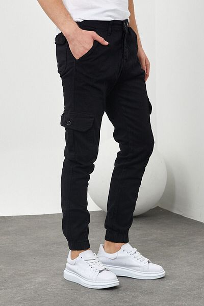 DAMGA JEANS Men's Elastic Leg High Waist Black Cargo Pocket Trousers
