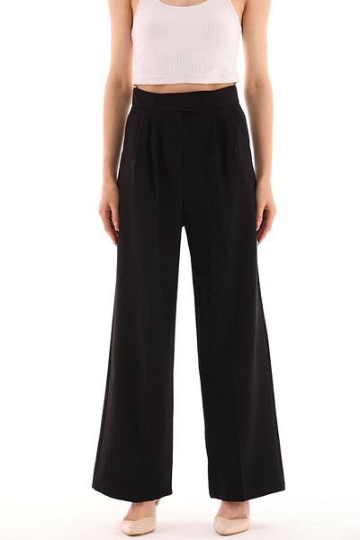 QUZLAK Black High Waist Pleated and Velcro Detailed Women's Palazzo Trousers