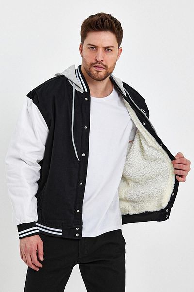 DAMGA JEANS Колежанско палто с качулка Черно-бяло