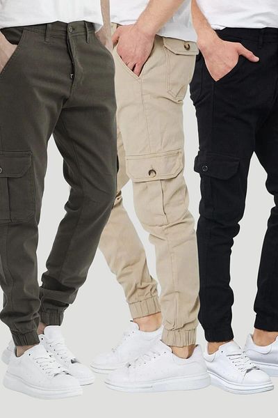 DAMGA JEANS 3-Piece Cargo Pocket Trousers with Elastic Legs Khaki-stone-black Multicolor