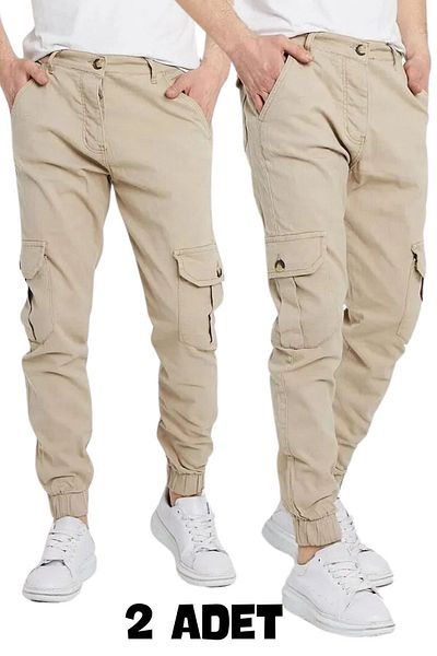 DAMGA JEANS Men's 2 Pcs Elastic Casual Comfortable Trend Street Fashion Cargo Pocket Trousers Stone