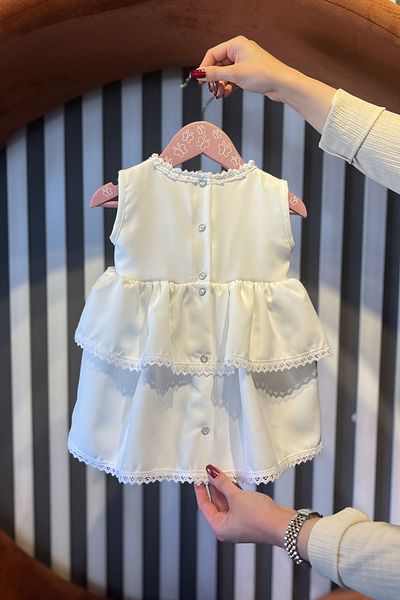 Bertuğ Rochie creponată din dantelă pentru fetiță - Fusta etajată, Mevlüt Off White