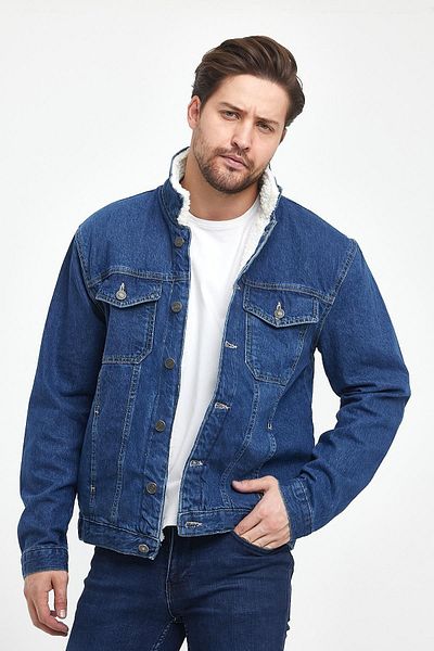 DAMGA JEANS Ανδρικό τζιν χειμωνιάτικο γούνινο τζιν χειμερινής μόδας μπλε μπουφάν