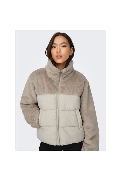 ONLY Wanja Fur Puffer Mix Women's Beige Stand Collar Coat