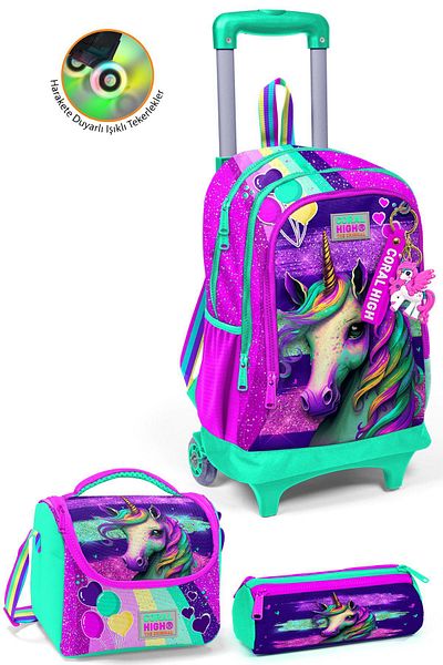 Coral High Set de genți din 3 piese cu model unicorn verde apă roz - SET cu trei compartimente și racletă 0123958
