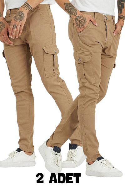 DAMGA JEANS Мъжки ежедневни панталони с карго джобове от 2 части, цвят камила