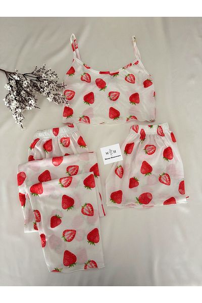 MH Moony Homewears Soft and Strawberry Patterned 3-Piece Summer Thin Pajamas Set
