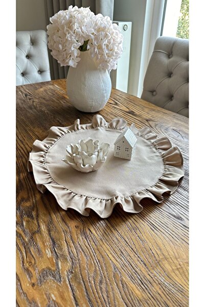 Decamor home Cotton Carefree Beige Round Ruffled Decorative Coverlet