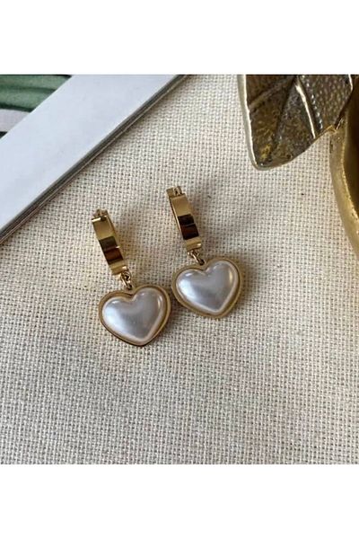 stainles steel Steel Earrings - Mother of Pearl and Heart Detail