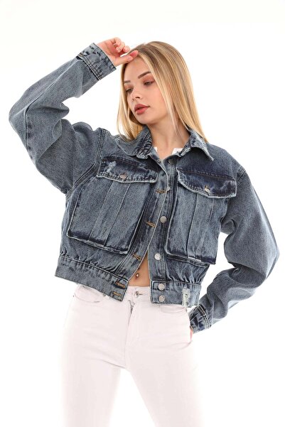 THE BARK Balon Cep Kadın Jean Ceket 6609 Mavi