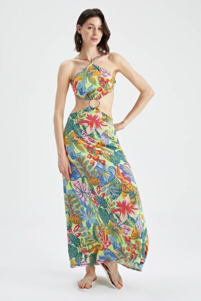 DeFacto Fall In Love Regular Fit Baskılı Viskon Plaj Elbisesi W9367az22sm