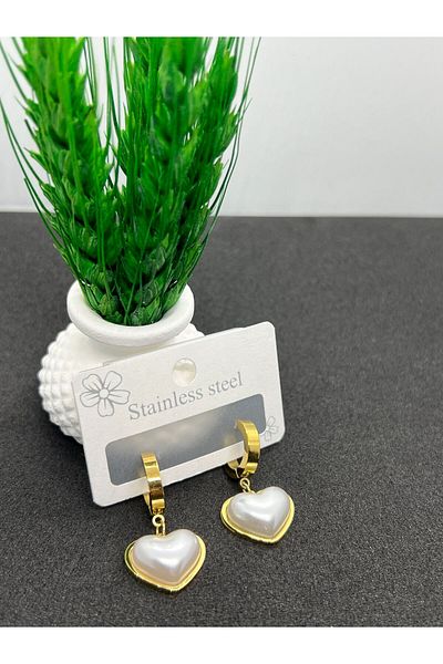 stainles steel Steel Earrings - Mother of Pearl and Heart Detail