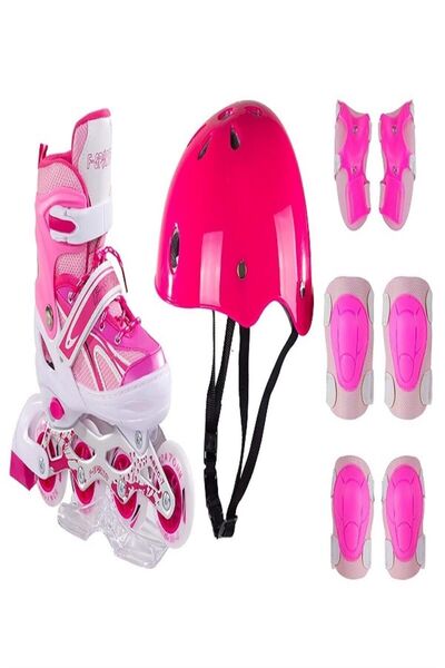 Furkan Toys Pembe Ayarlabilir 2+2 Işıklı Metal Alıştırma Pateni Kask Dizlik D...