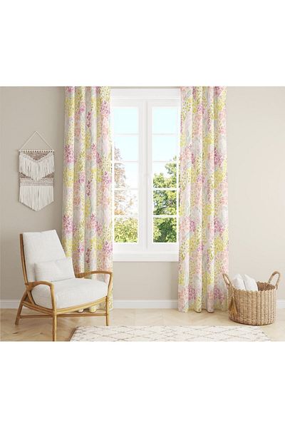 Evmila Velvet Texture Printed Pink Little Flower Patterned Background Curtain