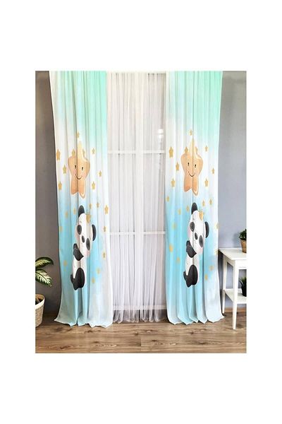 Evmila Panda Patterned Children's Room Velvet Background Curtain