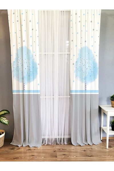 Evmila Printed Modern Patterned Single Wing Velvet Texture Background Curtain - Gray And Blue