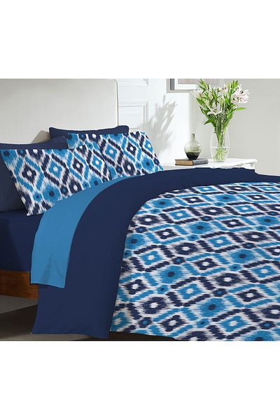 Evmila Model Geometric Imprimat Dublu 200x220 Cm 2 Bucuri 50x70cm Set Pilomă - Albastru