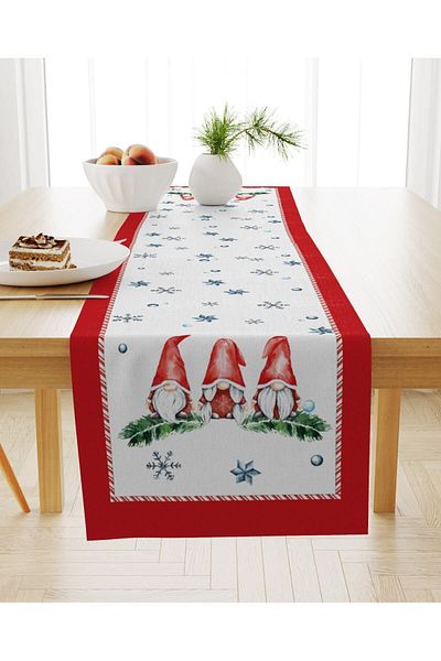 Evmila Christmas Themed Velvet Runner with Dwarf Pattern