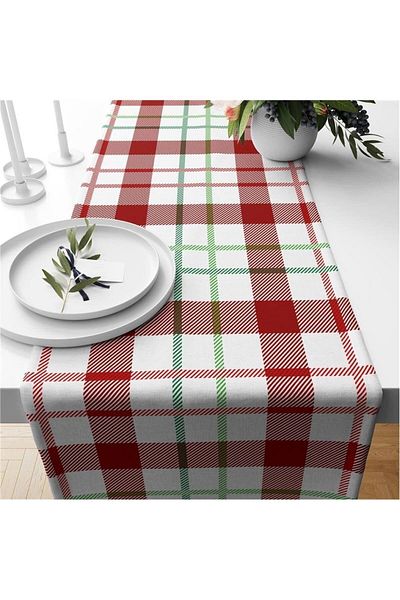 Evmila New Year's Themed Plaid Patterned Velvet Runner