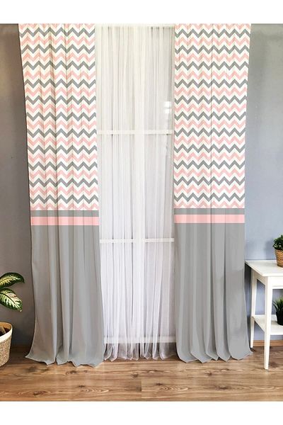 Evmila Printed Zigzag Patterned Single Wing Velvet Texture Background Curtain - Gray and Pink