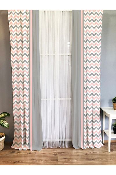 Evmila Printed Zigzag Patterned Single Wing Velvet Texture Background Curtain - Gray and Pink