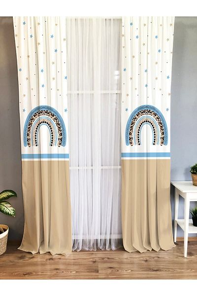 Evmila Printed Blue Rainbow Patterned Single Wing Velvet Texture Background Curtain - Brown