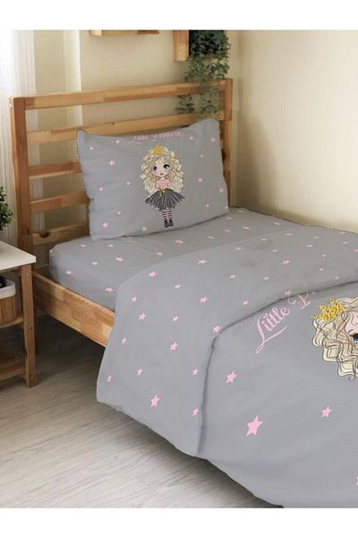Evmila Double Sided Princess Patterned 2-Piece Set Without Sheets Printed Single Duvet Cover Set Gray