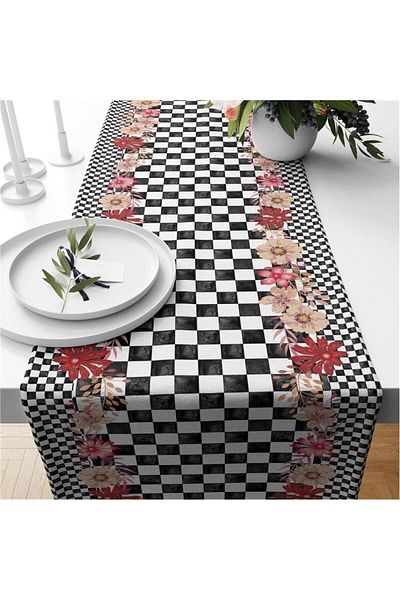 Evmila Runner din catifea cu model floral Gingham negru