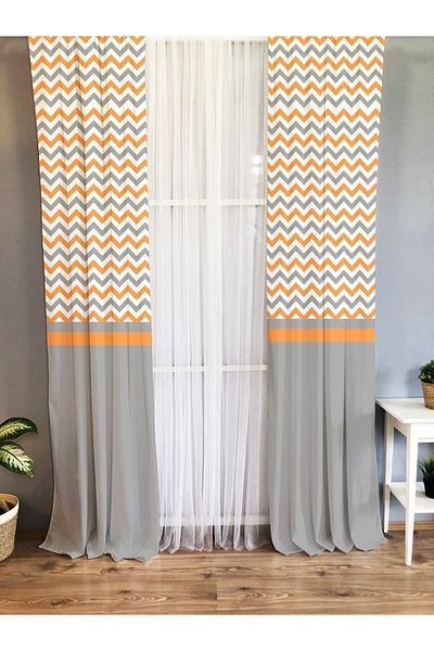 Evmila Printed Zigzag Patterned Single Wing Velvet Texture Background Curtain - Orange And Gray
