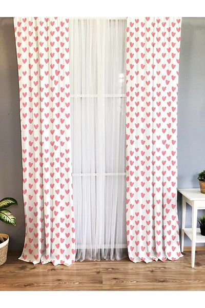 Evmila Printed Heart Patterned Single Wing Velvet Texture Background Curtain - White