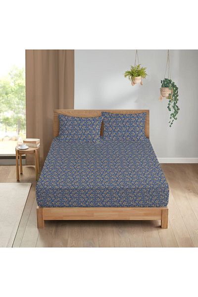 Evmila Orange Leaf Pattern Printed Double Sheet Set 160x200 Cm - Navy Blue