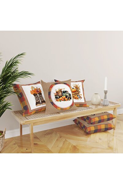 Evmila Kadife Doku Sonbahar Ve Halloween Özel Kabak Desenli 4'lü Kırlent Seti