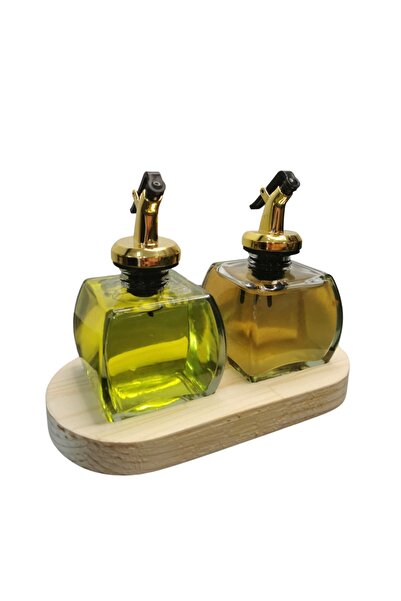 PITRAK PıtrakStore - Transparent Olive Oil Set of 2 with Wooden Stand 150ml Gold Head