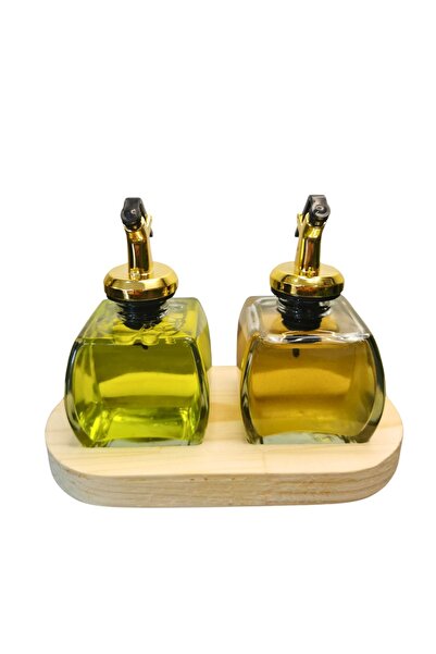 PITRAK PıtrakStore - Transparent Olive Oil Set of 2 with Wooden Stand 150ml Gold Head