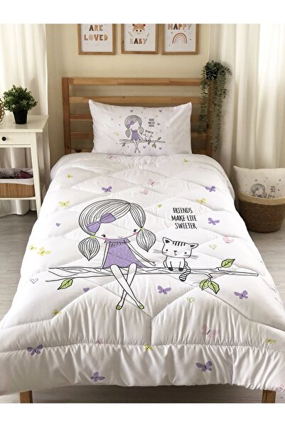 Evmila Kedi Ve Kız Desenli Kapitone Yorgan,dekoratif Yatak Örtüsü