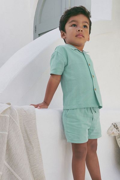 Next Baby Green Textured Cotton Shirt and Shorts - Short Sleeve 2-Piece Set