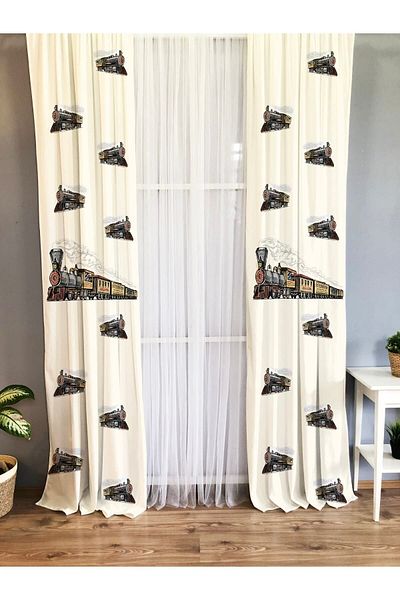 Evmila White Single Wing Velvet Background Curtain - Printed Train Pattern