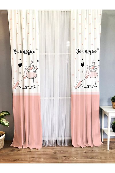 Evmila Pink Single Winged Unicorn Printed Velvet Texture Curtain