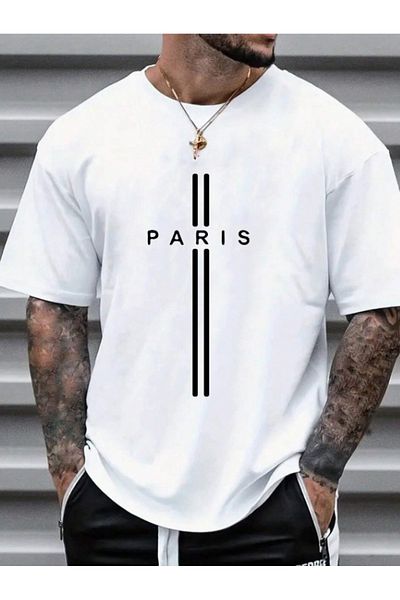 AFROGİYİM Ανδρικό μπλουζάκι με διπλή γραμμή Paris printed oversize