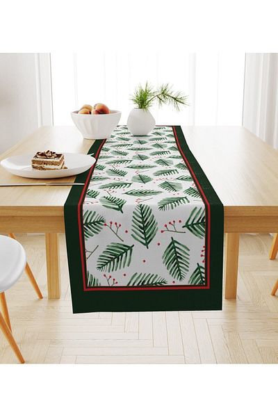 Evmila New Year's Themed Leaf Patterned Velvet Runner