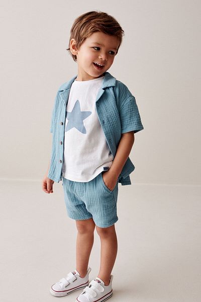 Next Baby 100% Cotton Blue Short Sleeve Mülin Shirt Shorts 100% Cotton Thsirt Set of 3